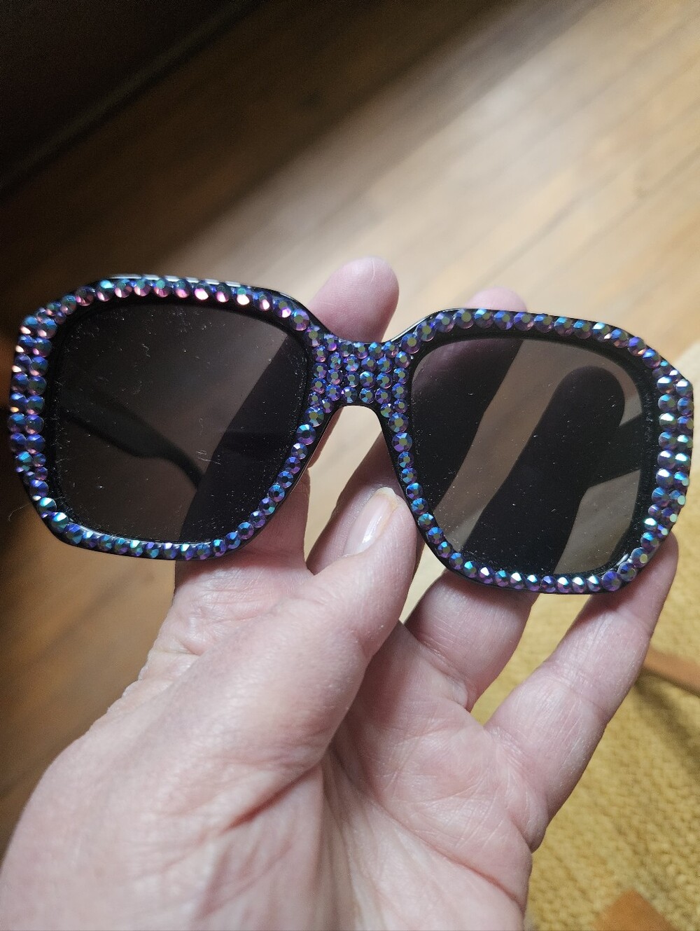 Kirks Folly Black Sunglasses with Iridescent Purple Rhinestones